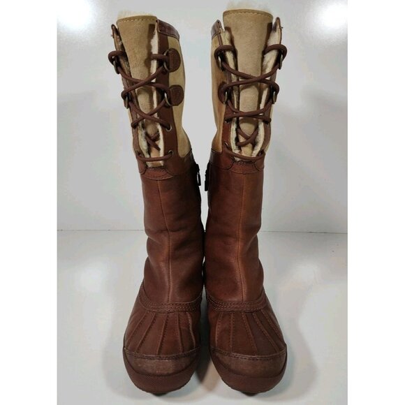 Ugg Belcloud Duck Boot 14" Tall Waterproof Sheepskin Shearling Womens 8 Brown - Picture 2 of 11